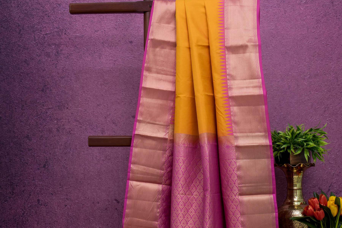 Yellow and Pink 1gm Gold Zari Kanjivaram Silk Saree | SS4595