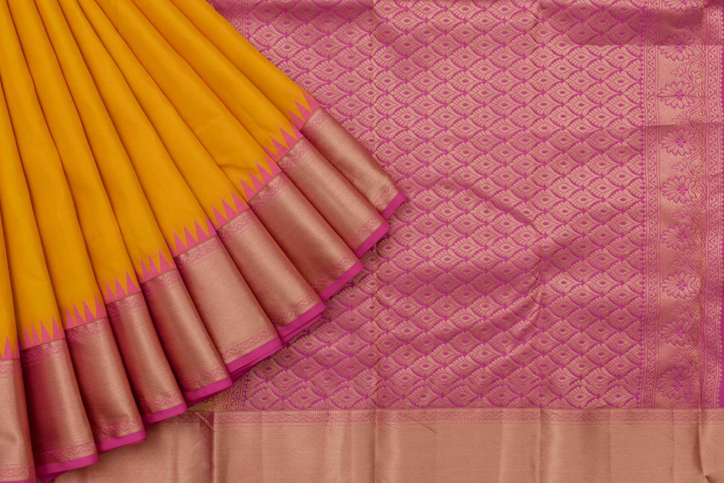 Yellow and Pink 1gm Gold Zari Kanjivaram Silk Saree | SS4595