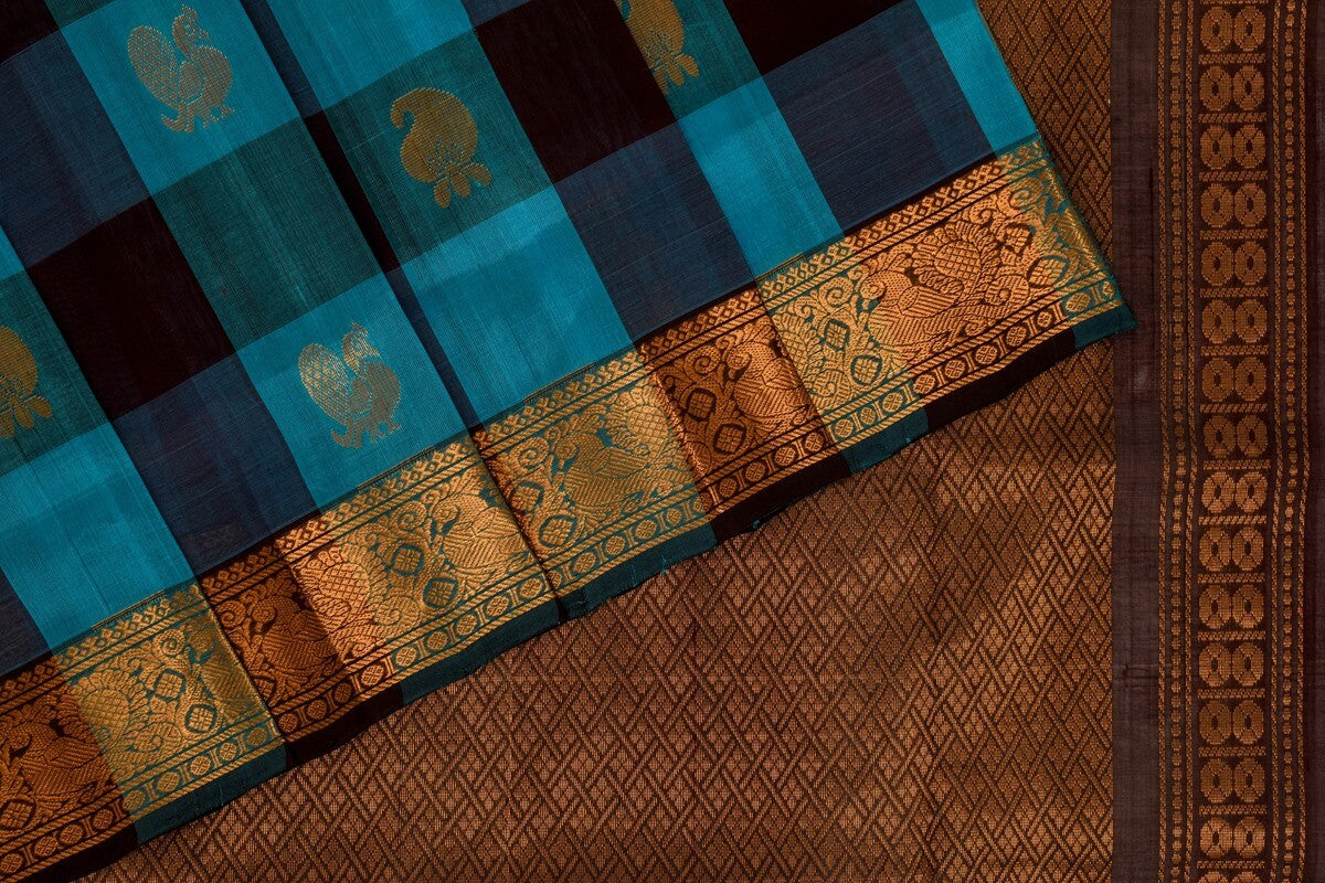 Amirthavarshni Peacock Blue Silk Cotton Saree With Bavanji Border 02 –  Kumaran Silks